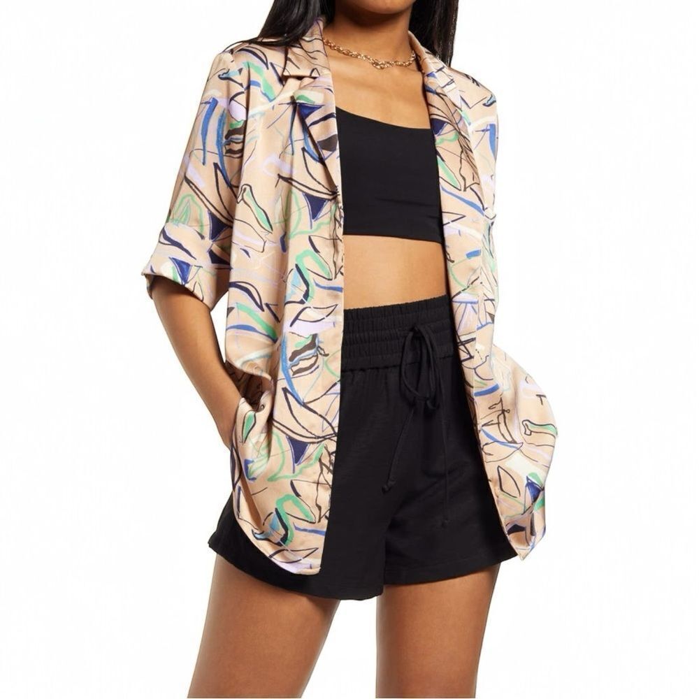 Open Edit Top Satin Camp Shirt Size Medium